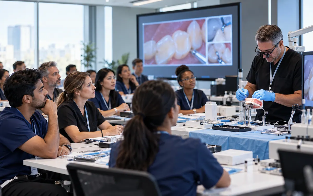 Illustration of dental professionals learning during a practical demonstration